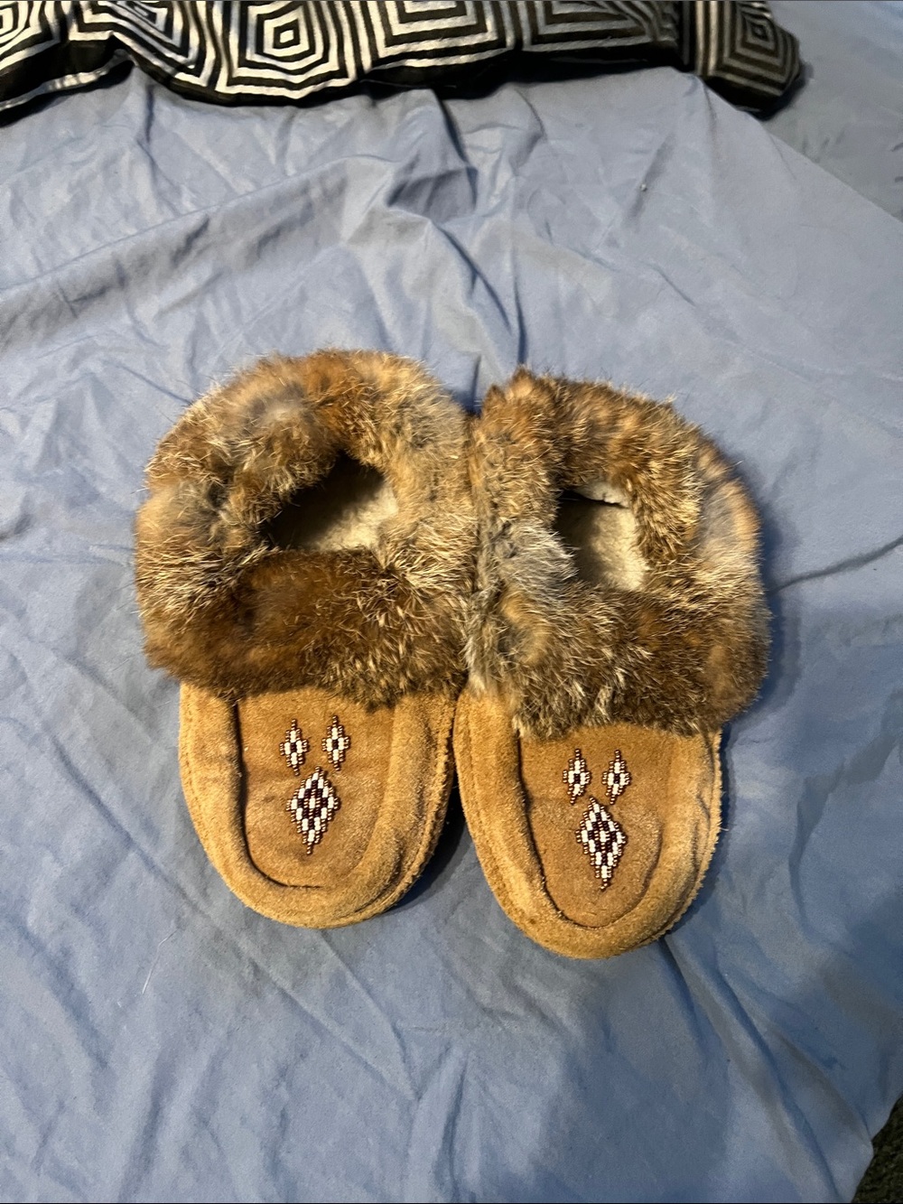 Women's Faux Fur Tan Moccasin Slippers with Beaded Accent